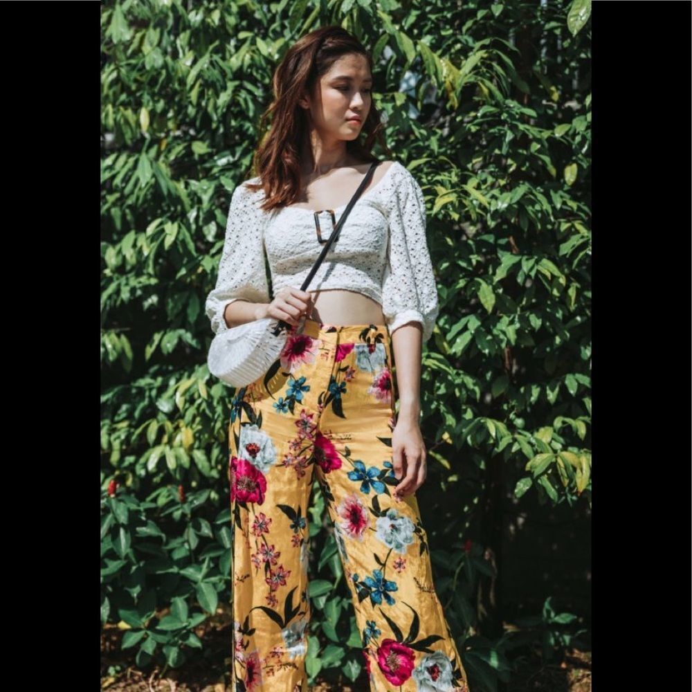 TOPSHOP Asian Oriental yellow floral flower print wide leg trousers belted Sz 8 - Picture 5 of 16